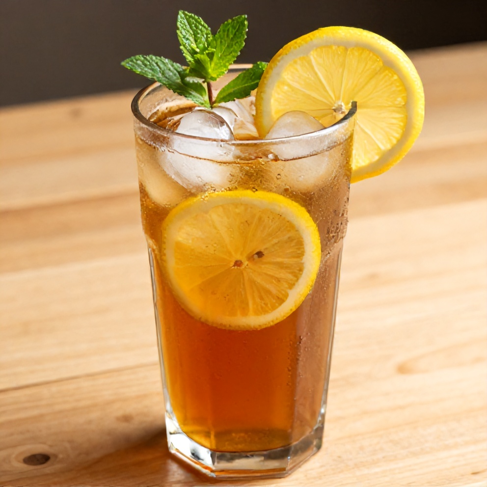 Glass of Mint Lemon Verbena Iced Tea with a lemon slice
