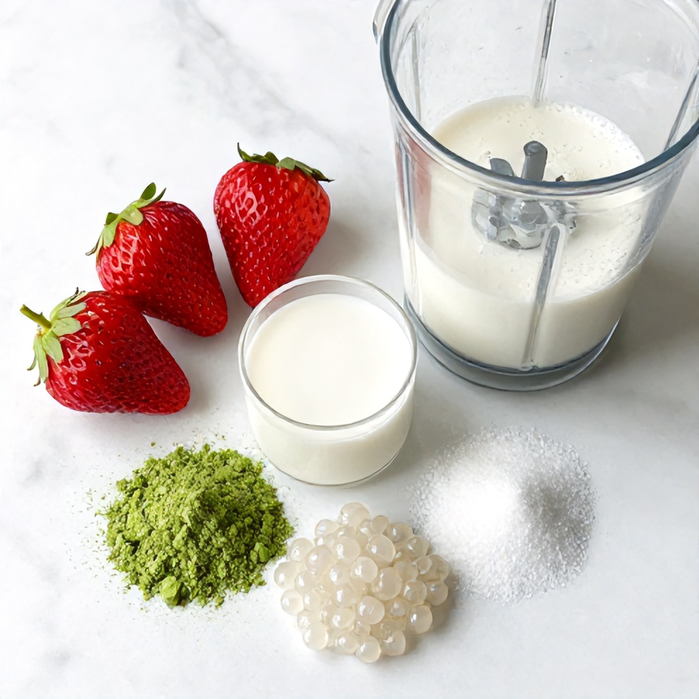 Raw ingredients for Strawberry Matcha Sago Dessert on a white marble surface