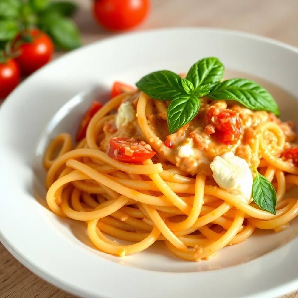 Plated serving of creamy Roasted Tomato and Garlic Ricotta Pasta