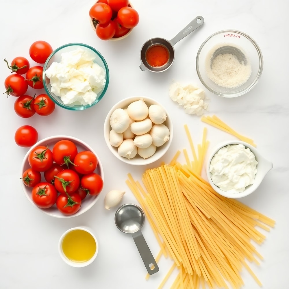 Flat lay of ingredients for Roasted Tomato and Garlic Ricotta Pasta