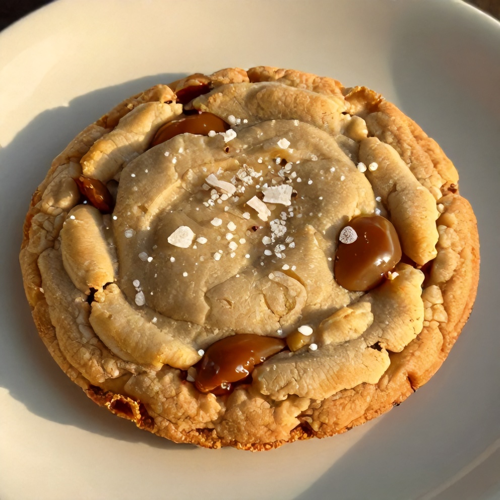 Plated Salted Caramel Cheesecake Cookie on a white plate