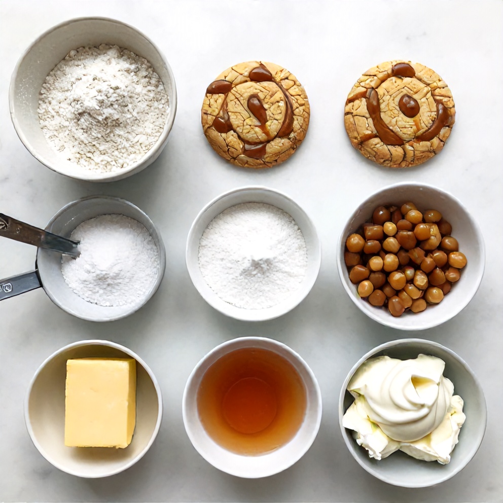 Flat lay of ingredients for Salted Caramel Cheesecake Cookies on a marble surface