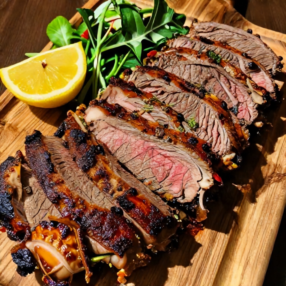 Plated Santa Maria Tri-Tip with fresh herbs and lemon wedge