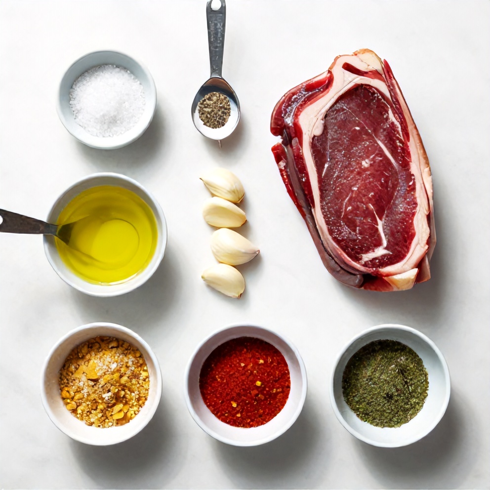 Santa Maria Tri-Tip ingredients including tri-tip roast, garlic, salt, pepper, and olive oil