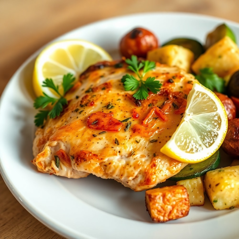 Plated Sheet Pan Lemon Herb Chicken and Vegetables