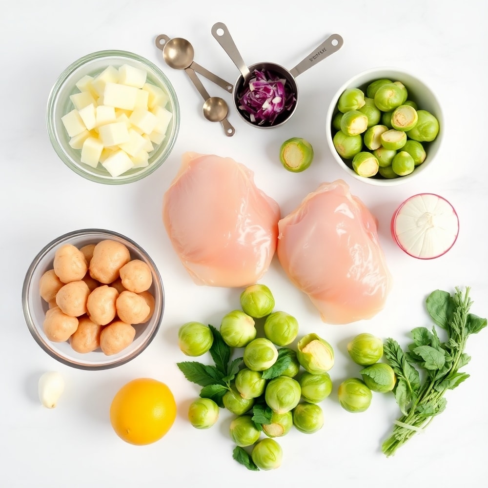 Raw ingredients for Sheet Pan Lemon Herb Chicken and Vegetables