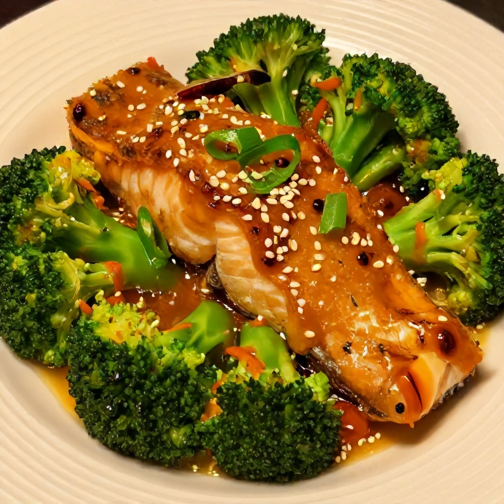 Plated orange chili salmon with broccoli and a drizzle of sauce