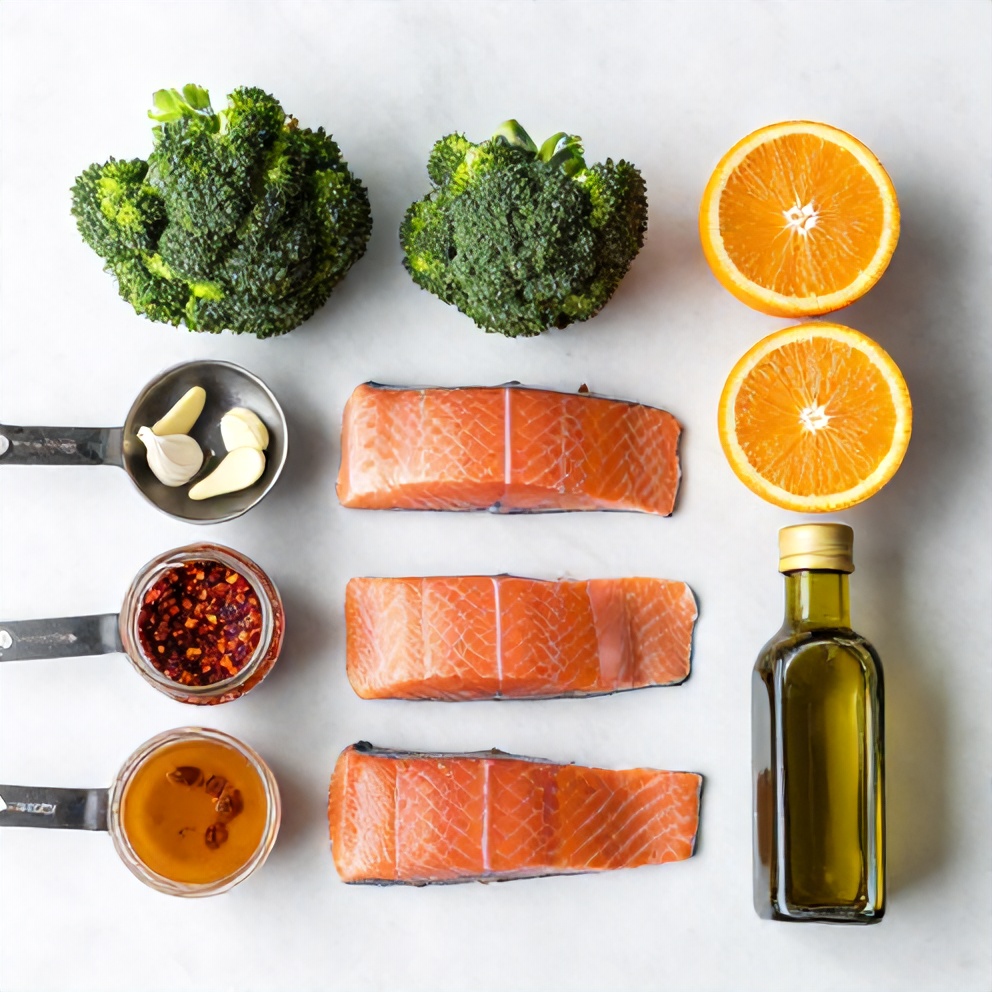 Raw ingredients for orange chili salmon: salmon fillets, broccoli, oranges, chili flakes, garlic, soy sauce, honey, olive oil