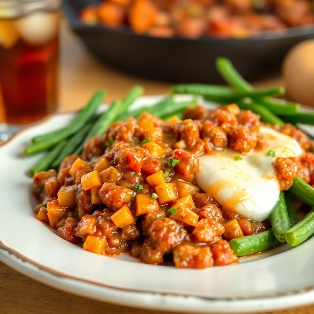 Plated Sloppy Joe Potato Skillet with a side of green beans and a glass of iced tea
