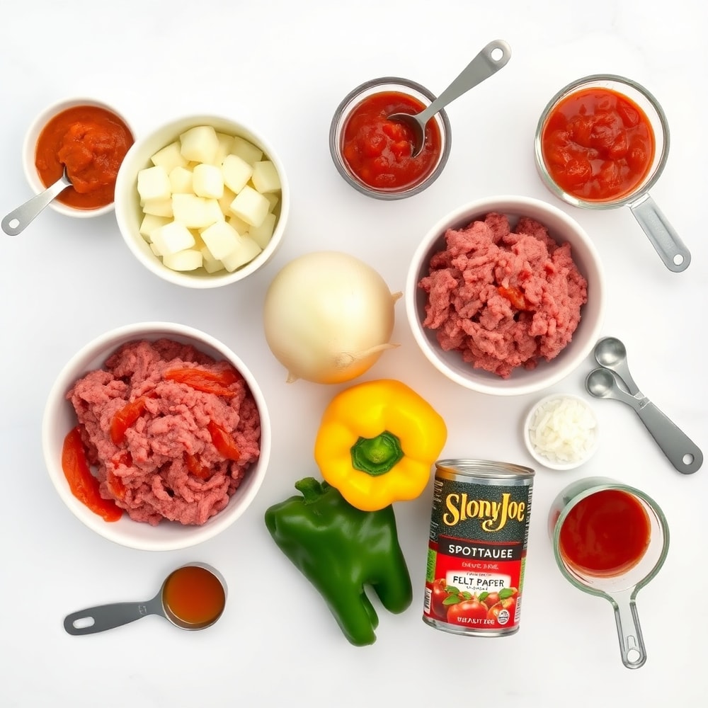 Raw ingredients for Sloppy Joe Potato Skillet including potatoes, ground beef, onion, bell pepper, and canned tomatoes