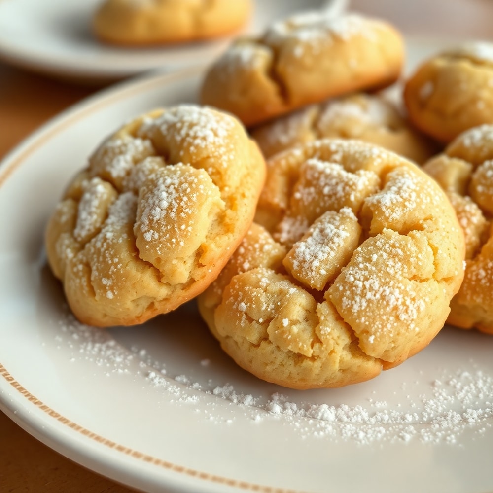 A plate of soft and fluffy banana bread cookies with a sprinkle of powdered sugar