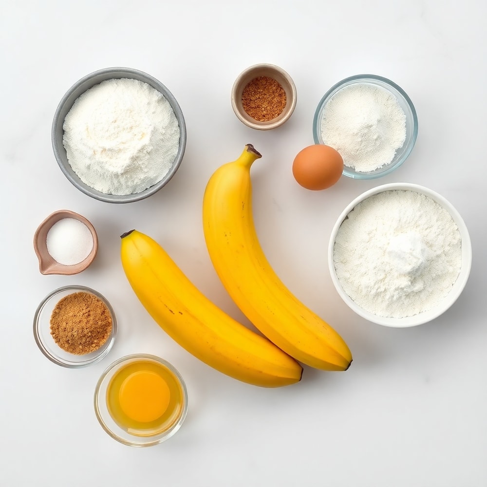 Banana, flour, sugar, eggs, and other ingredients for banana bread cookies arranged on a white marble surface