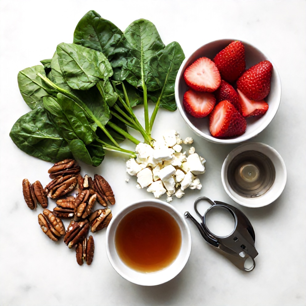 Raw ingredients for Spinach Strawberry Salad with Pecans on a marble surface
