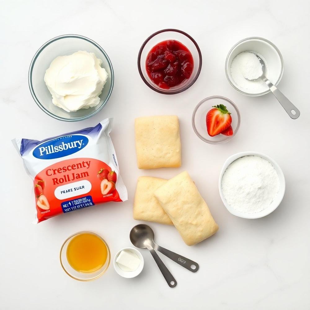 Raw ingredients for Strawberry Cheesecake Breakfast Rolls on a marble surface