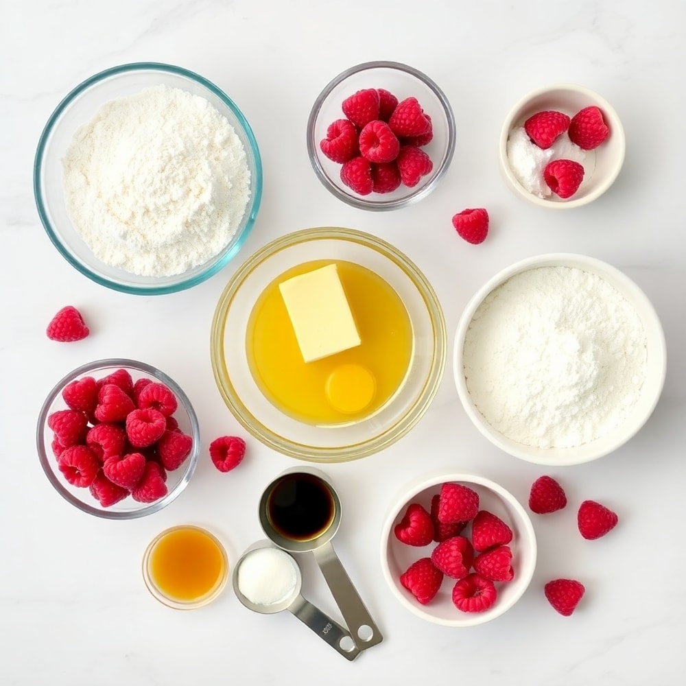 Raspberry Bread Ingredients - Flour, Sugar, Butter, Eggs, Baking Powder, Salt, Vanilla, Raspberries