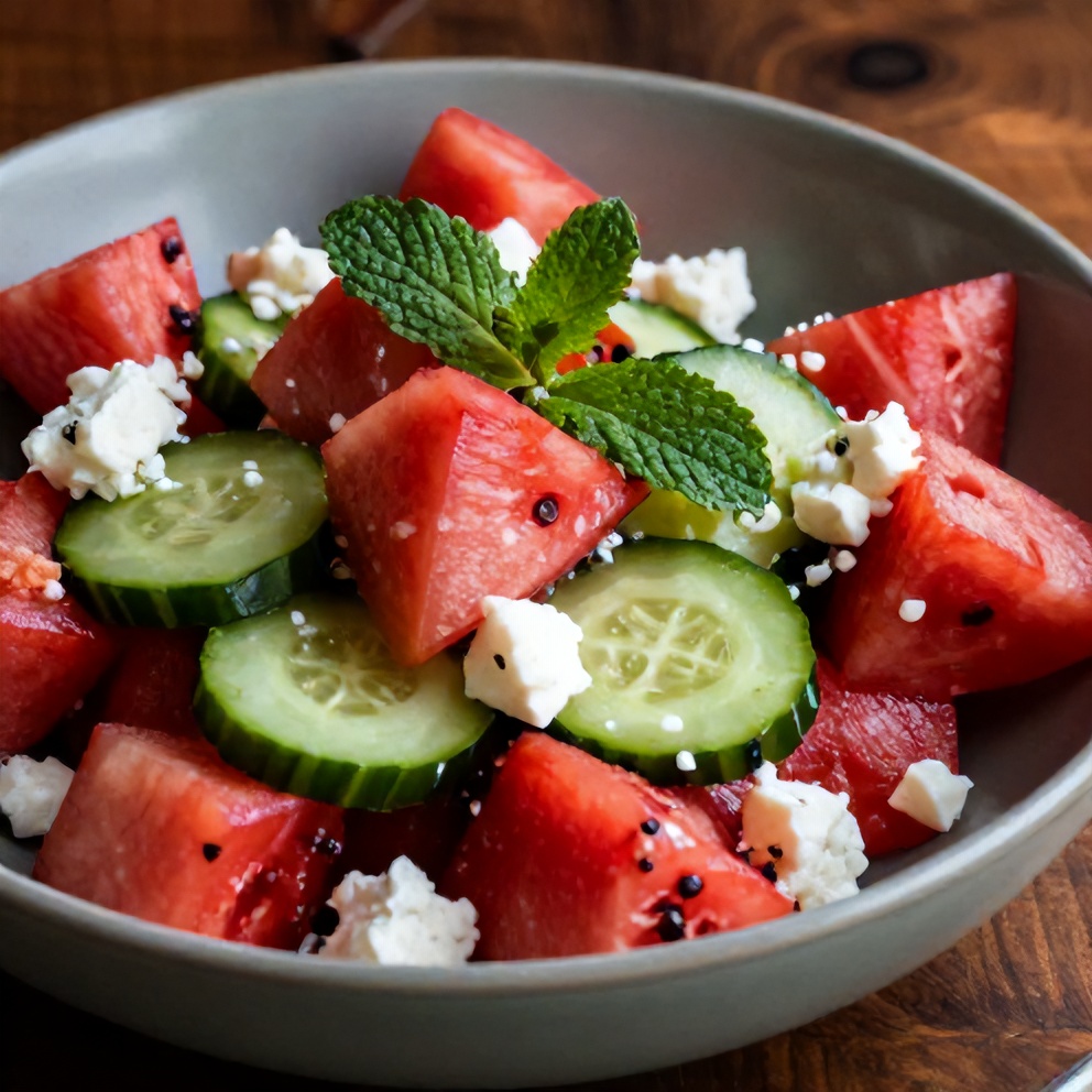 Watermelon Feta Salad plated with fresh mint leaves