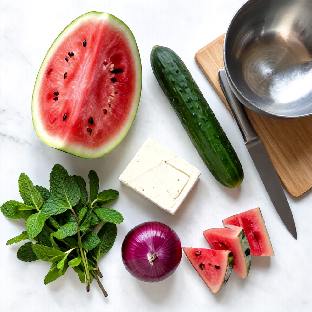 Watermelon, feta, cucumber, red onion, fresh mint on a white marble surface