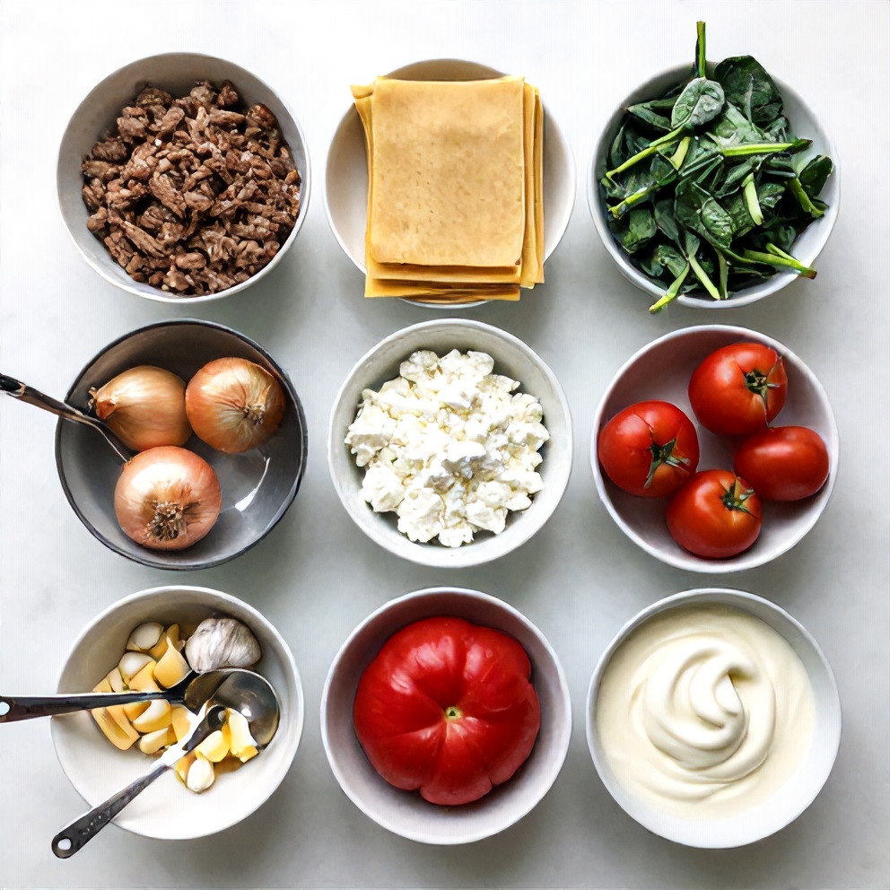 Raw ingredients for White Lasagna Soup: ground beef, lasagna noodles, ricotta cheese, spinach, garlic, onion, canned tomatoes, heavy cream, mozzarella cheese