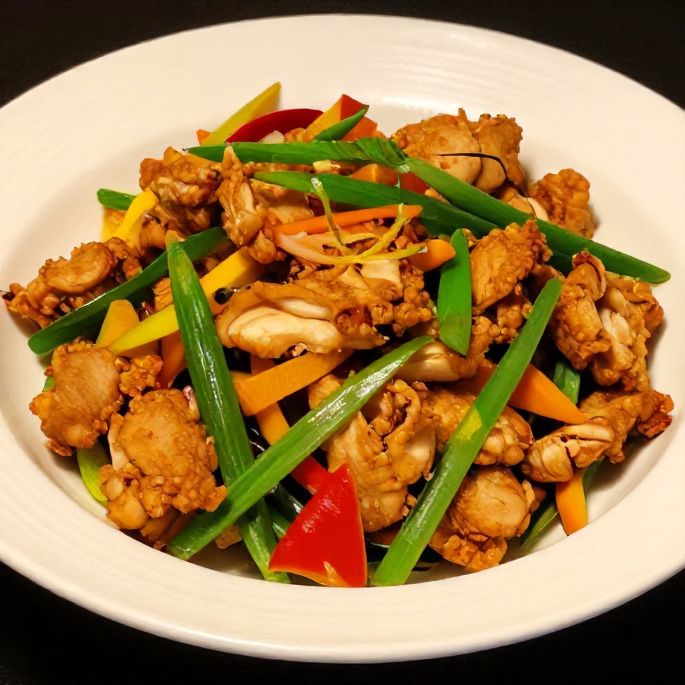 Yuzu Chicken Stir Fry plated on a white dish with a garnish of green onions