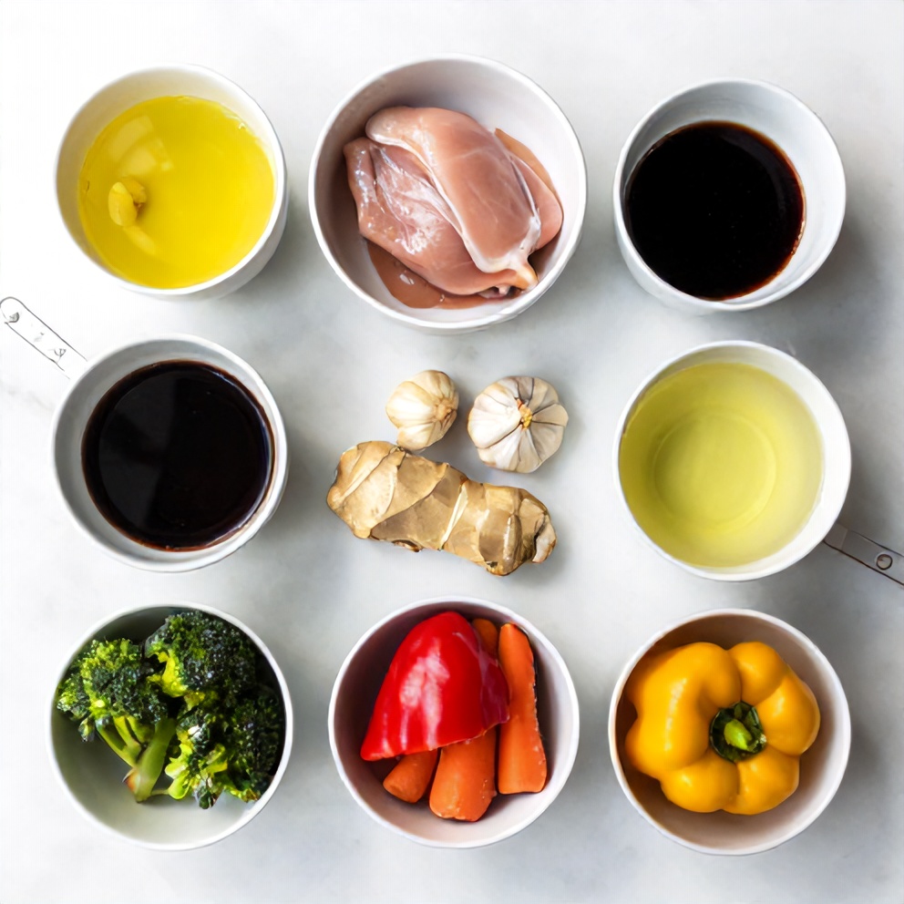 Raw ingredients for Yuzu Chicken Stir Fry on a white marble surface